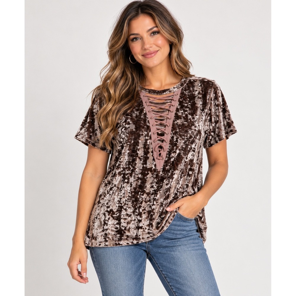 Entro Crushed Velvet Top Women Large Mauve Brown Lace Up Front Short Sleeve